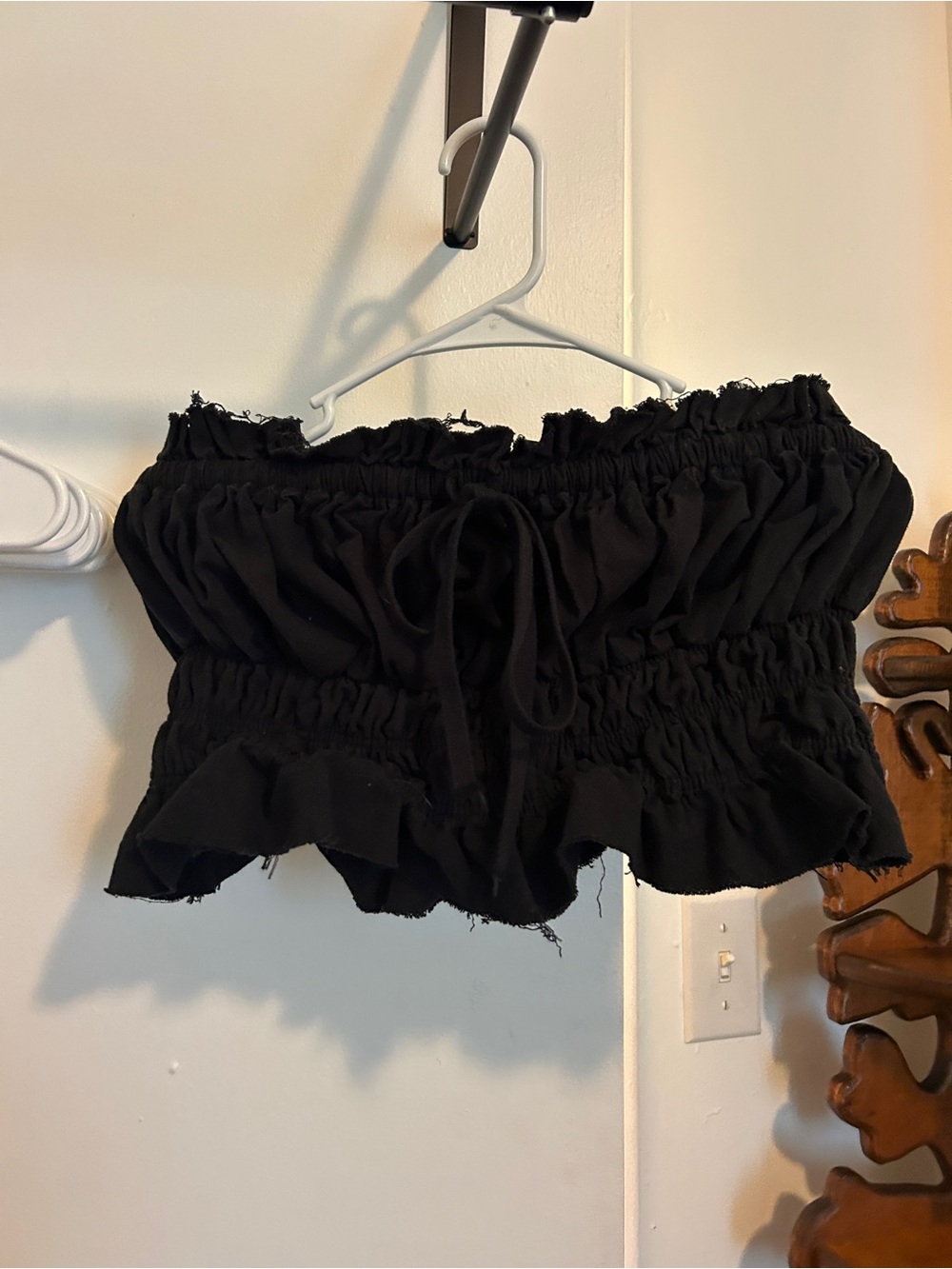 Black Smocked Strapless Ruffle Tube Top Crop